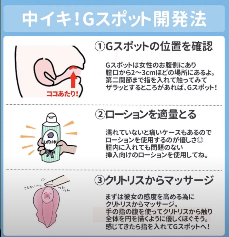 1分でわかる中イキさせるコツ

❶Gスポットの位置確認
❷ローションは可能なら使って
❸クリトリスを優しくマッサージ
❹Gスポットを振動させるように刺激
❺一定のリズムで集中刺激

絶対にブクマして覚えてね https://t.co/u4z0zolFjd