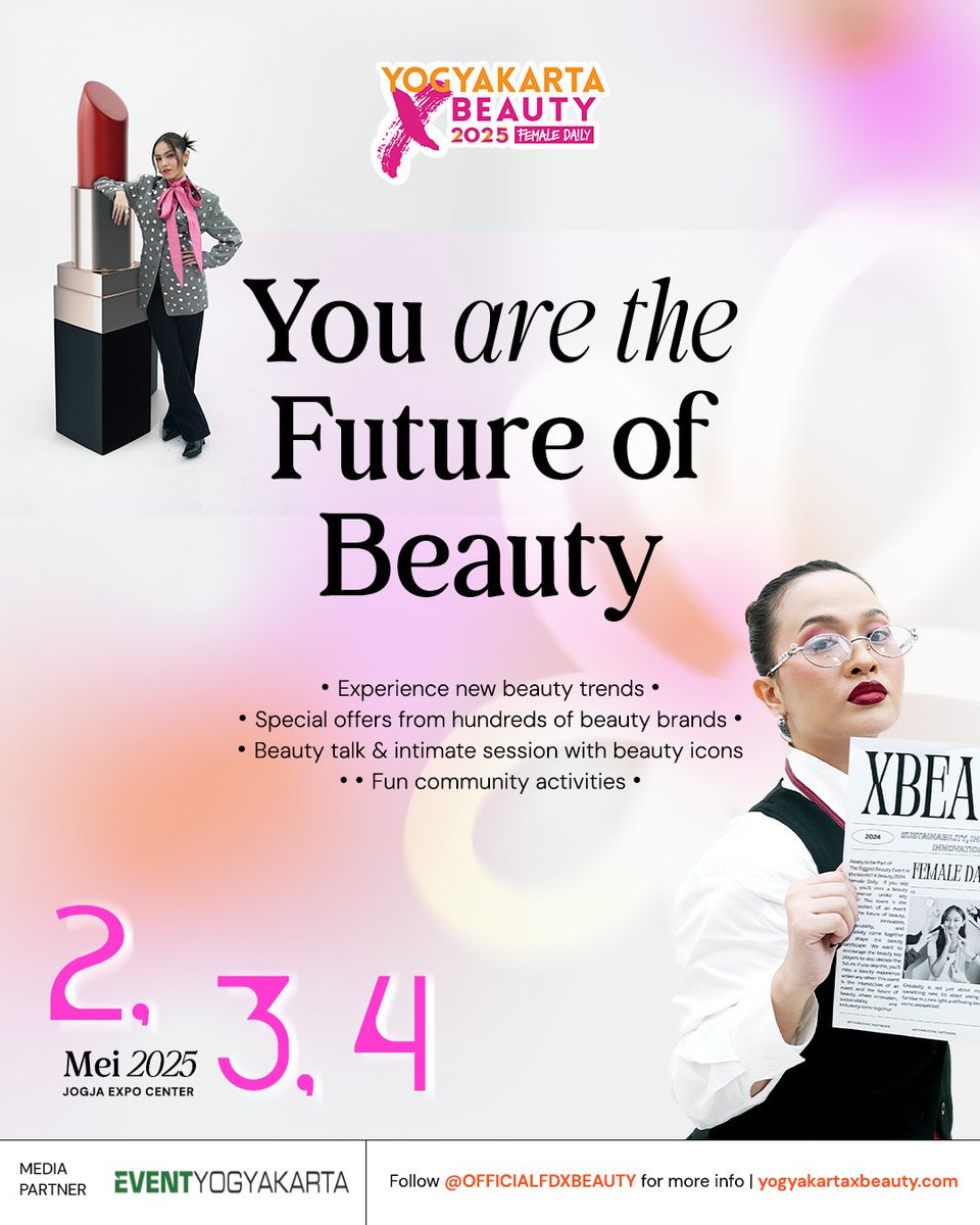GET READY TO VISIT #YOGYAKARTAXBEAUTY2025!

Belanjain wishlist kamu dengan 150++ Beauty Brands, promo melimpah &amp; nikmatin beauty experience super seru

Follow Instagram @/officialfdxbeauty untuk info lengkapnya &amp; beli tiketnya di Female Daily Studio!