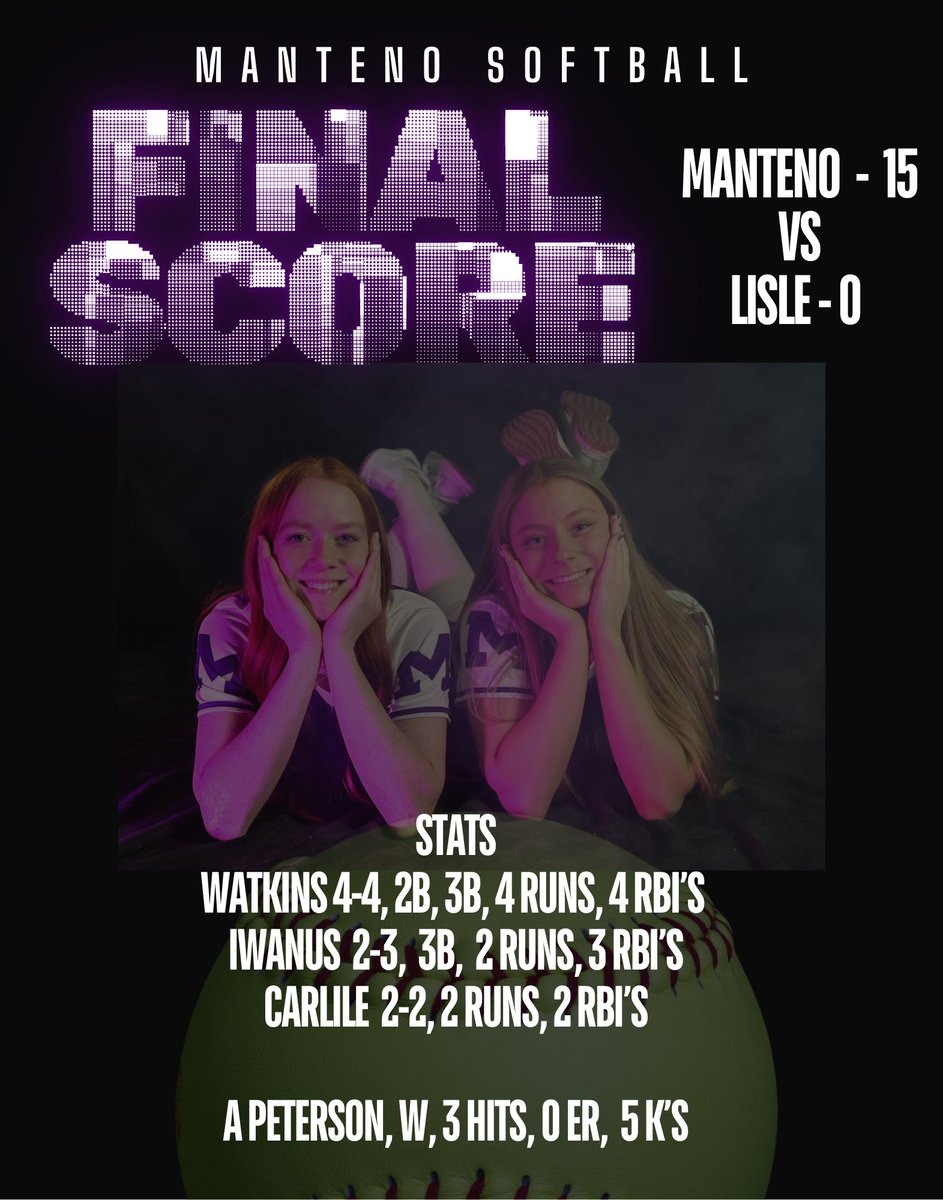 Manteno Softball (@mantenosoftball) on Twitter photo 🐾🥎💜We had a great time honoring our MS state championship team before our conference win over Lisle. The girls played solid tonight and picked up a 15-0 win to improve to 10-3, 6-1. <a href="/MHSscores/">Manteno Athletics</a> <a href="/MantenoStrength/">Manteno HS Strength & Performance Dept.</a> <a href="/MHS_AthBoosters/">Manteno Ath Boosters</a> <a href="/MantenoMSsports/">Manteno MS Athletics</a> <a href="/TDJsports/">Daily Journal Sports</a> <a href="/ica_softball/">ICA Softball</a> 🐾🥎💜We had a great time honoring our MS state championship team before our conference win over Lisle. The girls played solid tonight and picked up a 15-0 win to improve to 10-3, 6-1. <a href="/MHSscores/">Manteno Athletics</a> <a href="/MantenoStrength/">Manteno HS Strength & Performance Dept.</a> <a href="/MHS_AthBoosters/">Manteno Ath Boosters</a> <a href="/MantenoMSsports/">Manteno MS Athletics</a> <a href="/TDJsports/">Daily Journal Sports</a> <a href="/ica_softball/">ICA Softball</a>