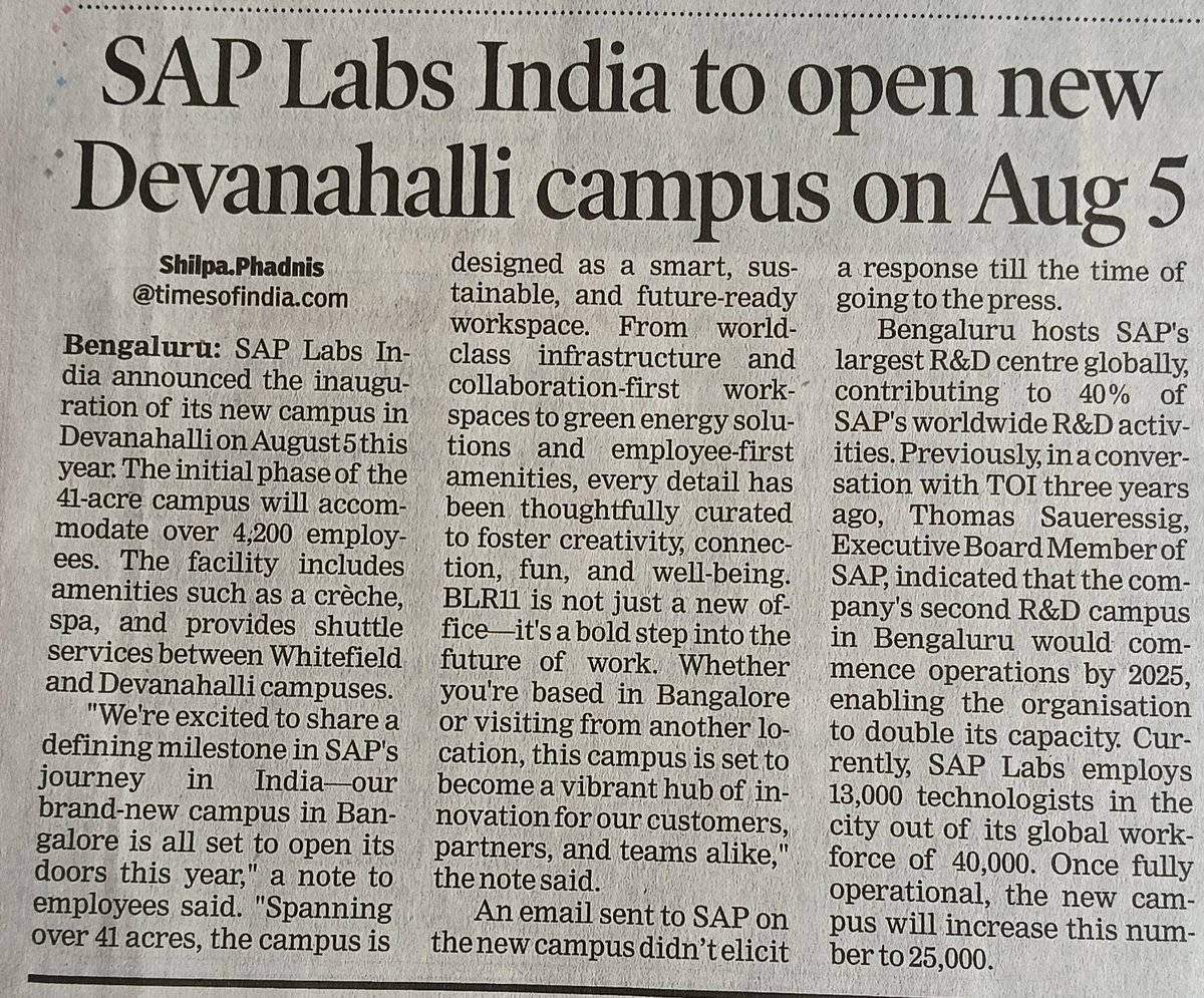 DevanahalliBLR's tweet image. 🚨The future is knocking at Devanahalli’s door | SAP is opening...🚨

#SAPLabs India&apos;s 41-acre campus in #Devanahalli opens Aug 5, hosting 4.2k staff in Phase 1. With world-class infra &amp;amp; user-first features. Devanahalli is fast emerging as Bengaluru’s next big innovtn &amp;amp; tech hub.