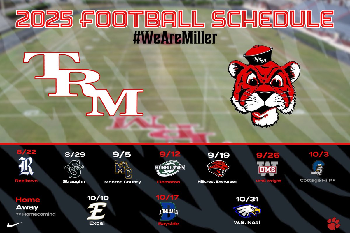 OFFICIAL!!

The 2025 TRM Football Schedule is OUT! 

August 22nd can’t get here fast enough🔥

#WeAreMiller