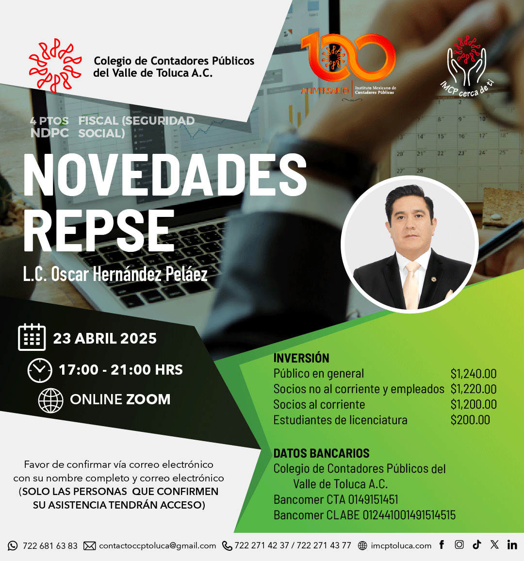 🔴 Curso | Novedades REPSE 2025
👨‍🏫 Ponente: L.C. Óscar Hernández Peláez

🗓️ Fecha: 23 de abril de 2025
⏰ Horario: 17:00 a 21:00 hrs
🌐 Modalidad: Online vía Zoom
👉Aparta tu lugar al WhatsApp 722 681 6383 o al correo contactoccptoluca@gmail.com