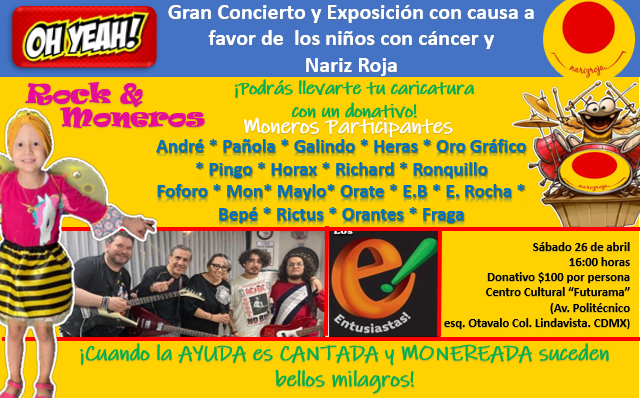 monvargasr's tweet photo. sábado 26 de Abril, nada más IMPORTANTE que disfrutar #Ayudando a los Niños con Cáncer en este gran CONCIERTO-EXPOSICIÓN de "Los Entusiastas, Nuestros Moneros y Nariz Roja" Buena música y caricaturas. Rictus y E. Rocha estarán en vivo MONEREANDO y muchos otros a Distancia 👀 https://t.co/3XP2DzH7No