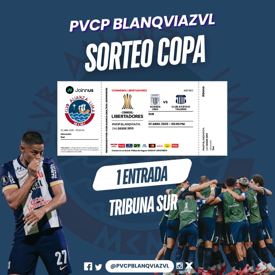 PvcpBlanqviazvl's tweet photo. 📢¡SORTEO COPA!

🌟Pvcp Blanqviazvl sortea 1 entrada para tribuna SUR del Alianza Lima - Talleres del 22/04 a las 5 PM

📢Para participar:
1⃣Sigue a @PvcpBlanqviazvl en Twitter e Instagram
2️⃣RT a este post💙
🔗Link Instagram: https://t.co/H3whgQhzkS

@Libertadores @ClubALoficial https://t.co/Ebiiy8M1Wr
