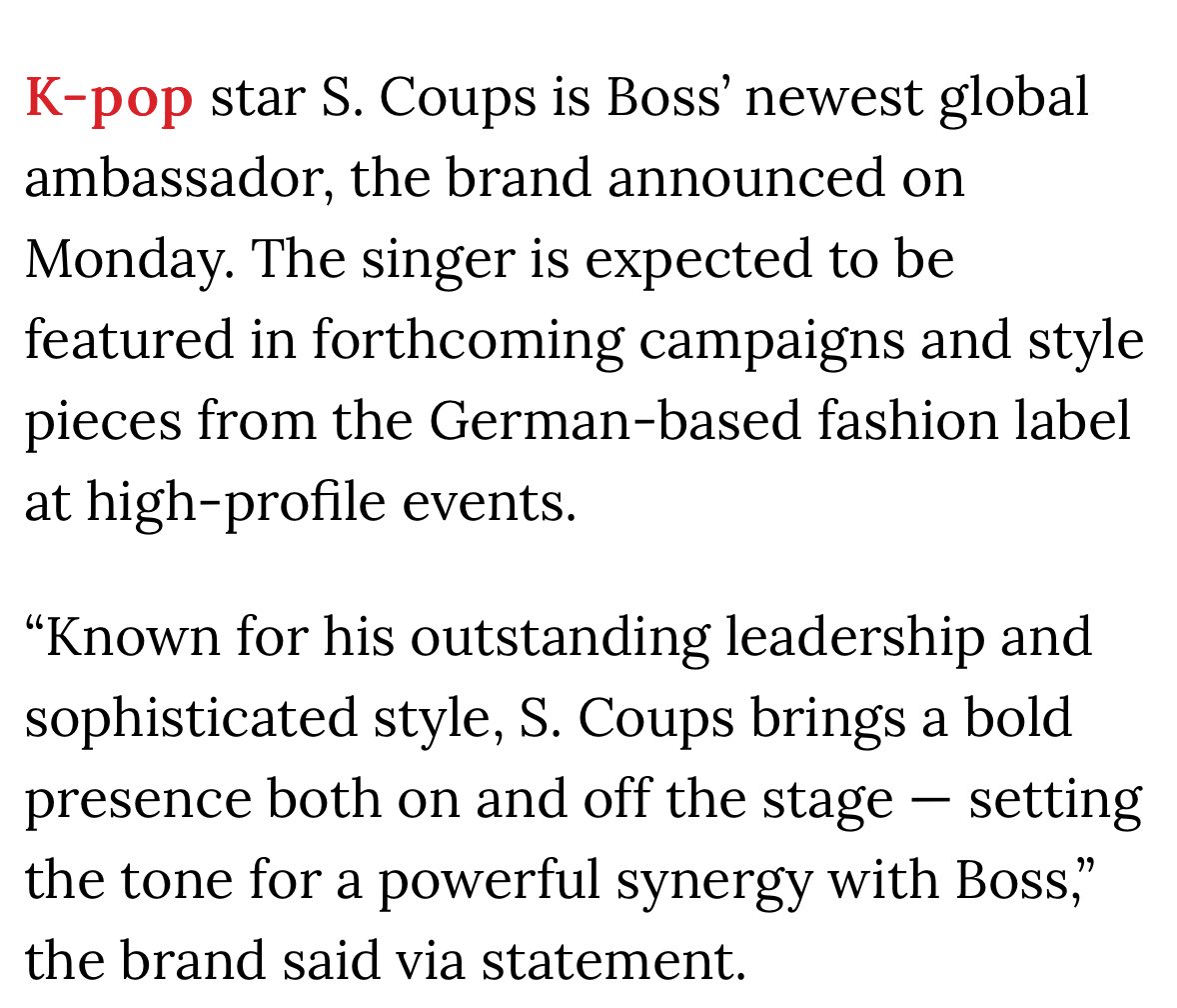 minghaocheol_'s tweet photo. BOSS Announces K-pop Star SCOUPS of Seventeen as New Global Ambassador 🤍

"Known for his outstanding leadership and sophisticated style, S. Coups brings a bold presence both on and off the stage — setting the tone for a powerful synergy with Boss,” the brand said via statement. https://t.co/VKcOoaWUen