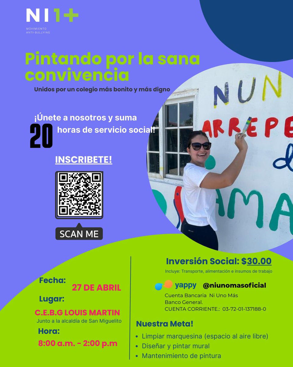 Necesitas horas de voluntariado para la escuela o universidad? Este domingo ven con nosotros a dignificar San Miguelito! Entre la actividad del domingo y la creación de tu reporte de la misma obtén 20 horas de voluntariado 💗 shorturl.at/zHXtx