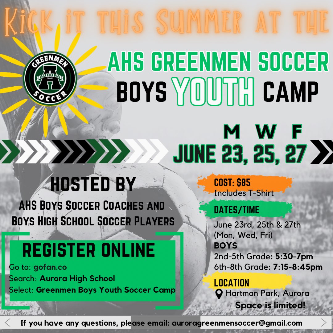 REGISTER ONLINE NOW for our Boys Youth Summer Camp hosted by the AHS Boys Soccer Players and Coaches!
