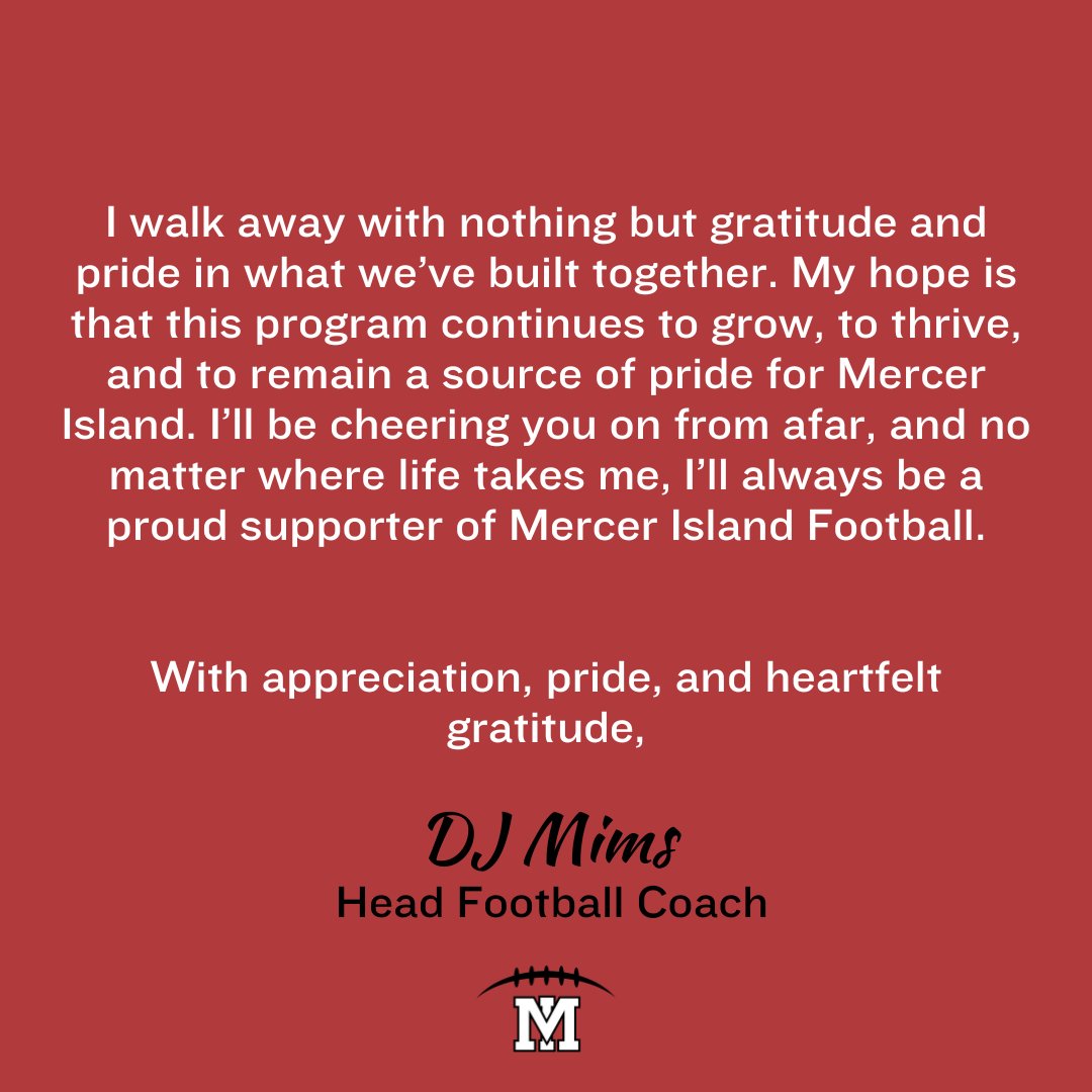 2/2
Thank you Head Coach DJ Mims for your leadership of the MI Football program during the past three years. You are leaving a lasting impact that our community will cherish.  

Best of luck in your next chapter.  

#allin #GoMI #thankyou