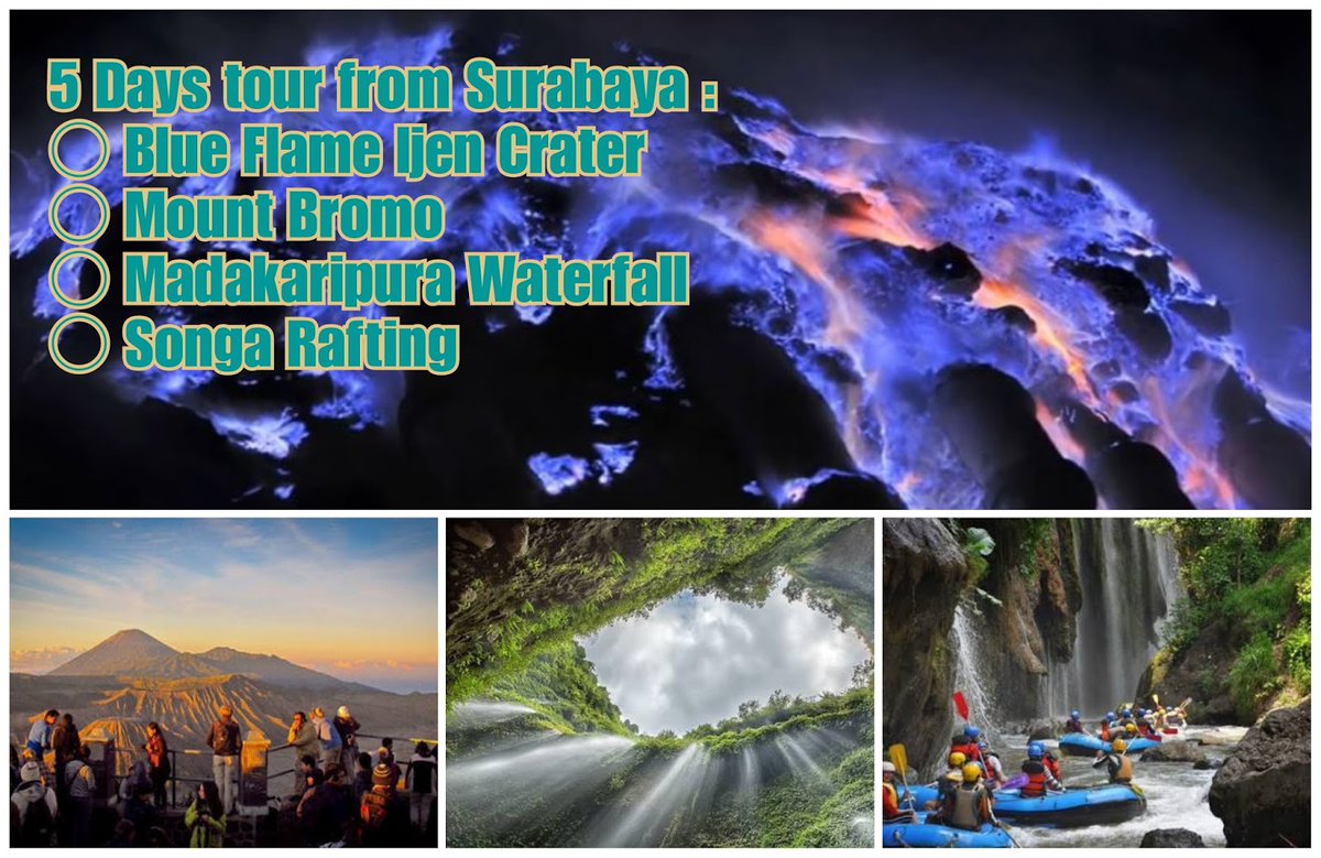 bromojava's tweet image. bromojavatravel.com
Blue Flame Ijen Crater, Mount Bromo, Waterfall, Rafting tour 5 days 4 nights is one of recommendation itinerary where You will have time to witness various of stunning landscapes.
#MountBromo #IjenCrater #madakaripura #EastJava #blueflame #songarafting