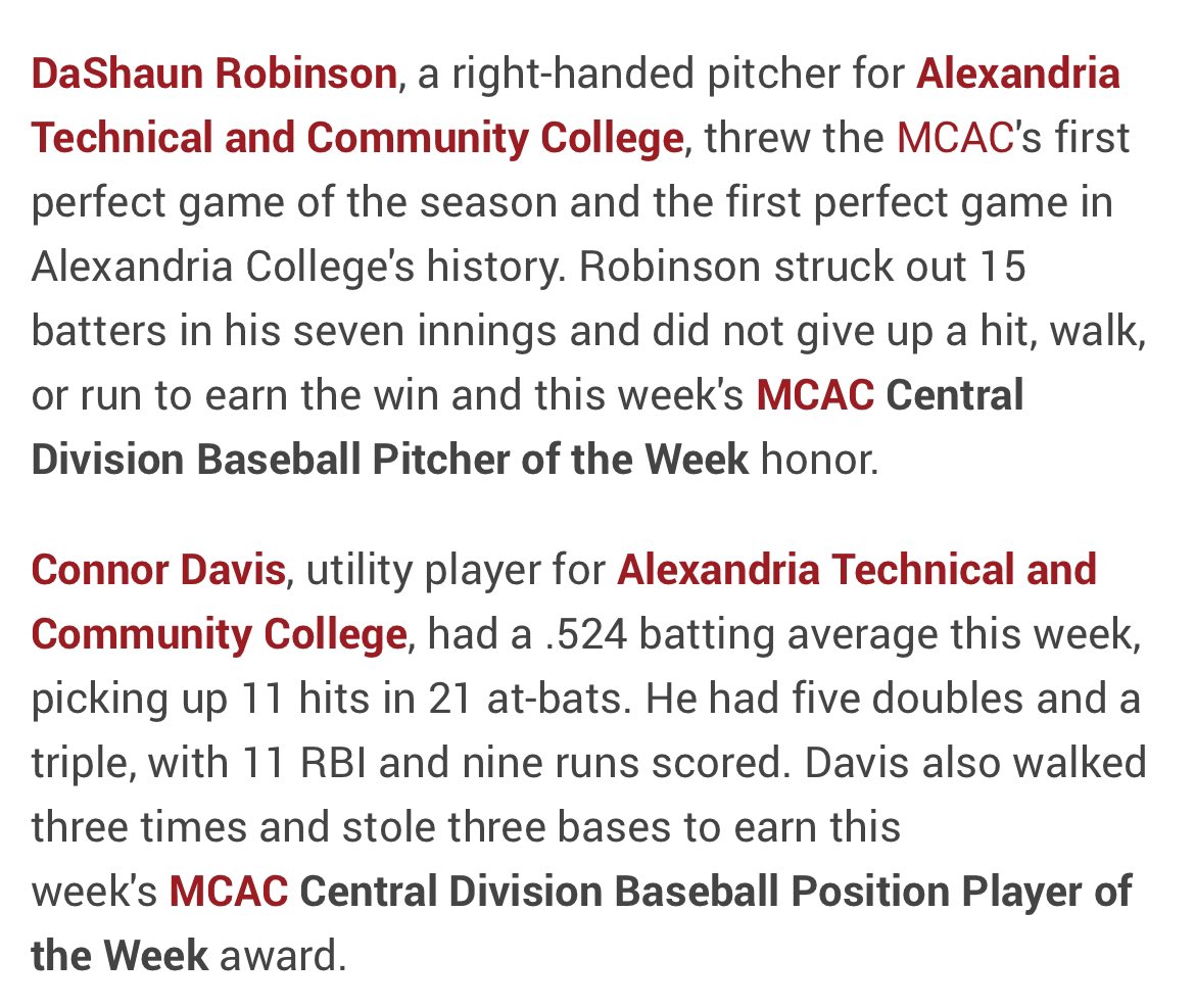 Alexandria College Legends Baseball (@atccbaseball) on Twitter photo Congratulations DaShaun Robinson & Connor Davis, Pitcher & Hitter of-the-Week!!
<a href="/DaShaunRob21295/">DaShaun Robinson</a> <a href="/condav06/">Connor Davis</a> Congratulations DaShaun Robinson & Connor Davis, Pitcher & Hitter of-the-Week!!
<a href="/DaShaunRob21295/">DaShaun Robinson</a> <a href="/condav06/">Connor Davis</a>