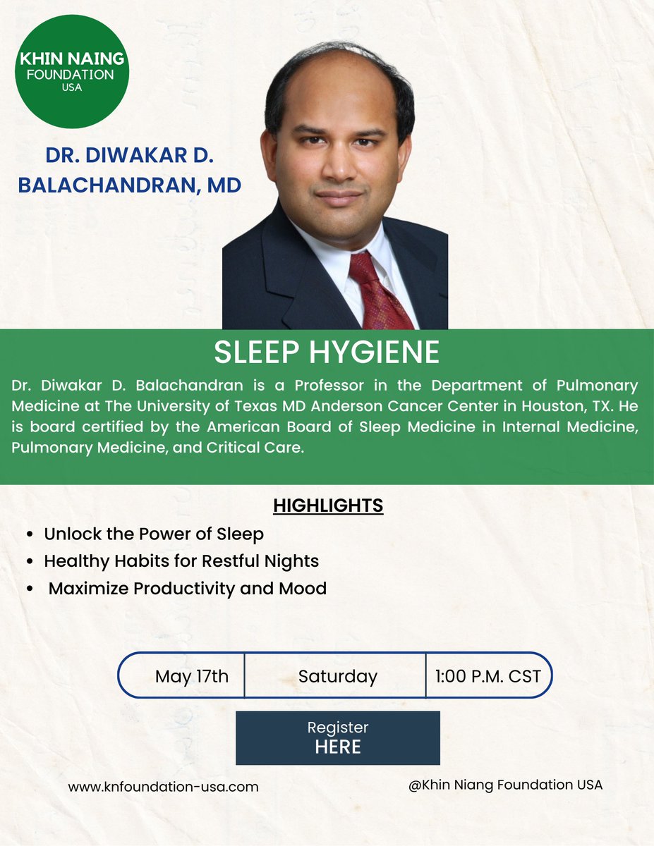 Khin Naing Foundation USA (@khinnaingusa) on Twitter photo Join us as we explore the fascinating realm of sleep hygiene with Dr. Balachandran <a href="/DiwakarB1988/">Diwakar Balachandran</a>! Get ready for an informative session that will unlock the secrets to a restful night's sleep. Register for this opportunity to improve your sleep habits at knfoundation-usa.com/dr-balachandran Join us as we explore the fascinating realm of sleep hygiene with Dr. Balachandran <a href="/DiwakarB1988/">Diwakar Balachandran</a>! Get ready for an informative session that will unlock the secrets to a restful night's sleep. Register for this opportunity to improve your sleep habits at knfoundation-usa.com/dr-balachandran
