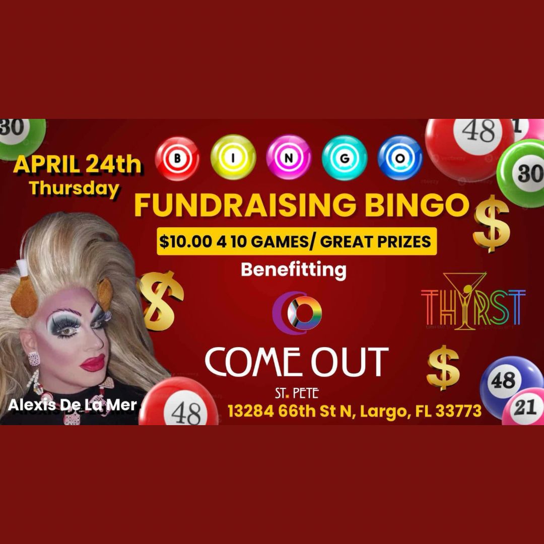 ComeOUTStPete's tweet photo. Join Alexis De la Mer for Charity Bingo benefiting Come OUT St Pete!
Thursday, April 24th at Thyrst
Donation of $10.00 for 10 games
Balls drop at 8:30PM https://t.co/IGzQ86f76i