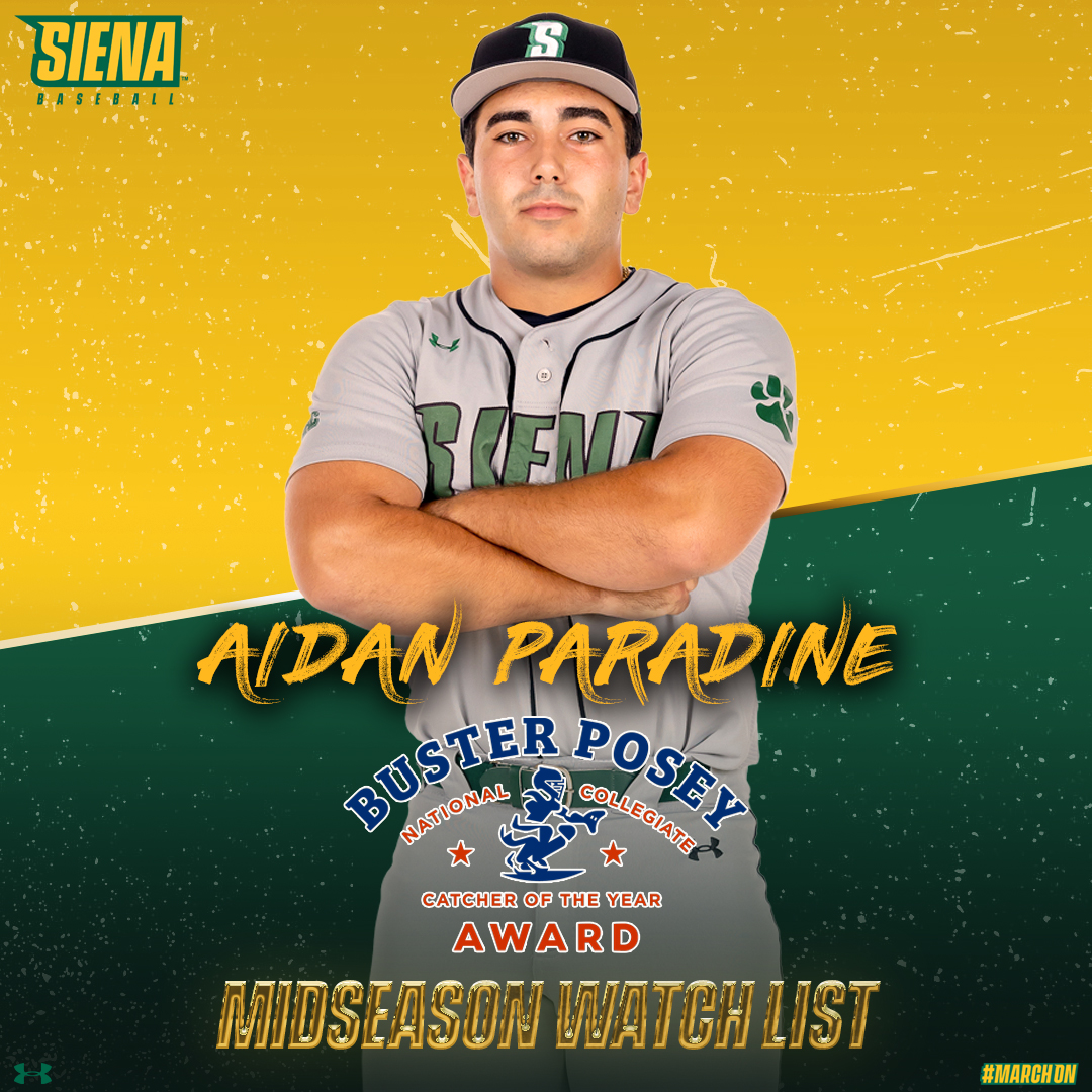 Siena Baseball (@sienabaseball) on Twitter photo ⚾️ National Notoriety
<a href="/Aidanparadine4/">Aidan Paradine ✟</a> has been named to the Buster Posey Award Midseason Watch List
The award is presented annually to the nation's most outstanding catcher
📰 t.ly/0K1ib
#MarchOn x #SienaSaints x #MAACBaseball x #NCAABaseball ⚾️ National Notoriety
<a href="/Aidanparadine4/">Aidan Paradine ✟</a> has been named to the Buster Posey Award Midseason Watch List
The award is presented annually to the nation's most outstanding catcher
📰 t.ly/0K1ib
#MarchOn x #SienaSaints x #MAACBaseball x #NCAABaseball