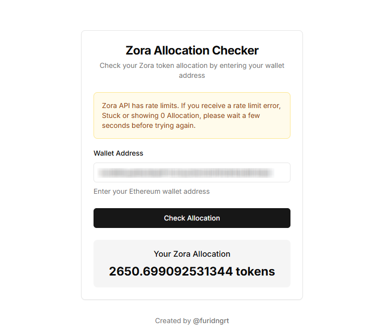 Crypto_Pranjal's tweet photo. Zora Airdrop Unofficial Checker! 🪂

Not sure how accurate it is— even Zora’s founder Jacob mentioned the data is just for testing. But if you're curious and just want to ease your mind, you can still check it out.

✅ Check here: https://t.co/zCWO3zuyMb

I tried a few wallets—ones I haven’t used show 0, and the active ones show some amounts. So it doesn’t look completely random.

Just take it as something fun for now. No wallet connect needed—just paste your address and see.

1 ZORA = $0.023 at the moment. What’s your allocation showing?
