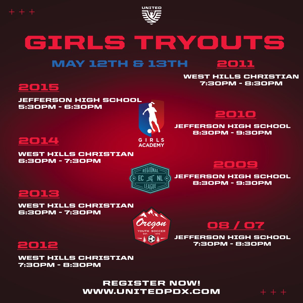 United_PDX's tweet photo. 2025/26 Tryout Times & Location Announcement
Extremely excited to announce the United PDX Times & Locations for the 2025/26 Tryouts. https://t.co/h6U6jNFqfi
#weareunited #unitedisthefuture #playunited #encl #ecnlrl #girlsacademy #futureisnow https://t.co/dWH8RLEIKm