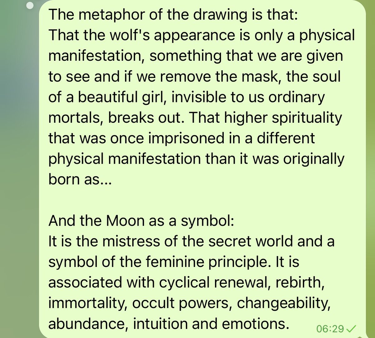 chromartic7's tweet photo. That the wolf's appearance is only a physical manifestation, something that we are given to see and if we remove the mask, the soul of a beautiful girl…

☺️Continuation of the text with a metaphor in the third photo ⬇️ https://t.co/W2161BRkNJ