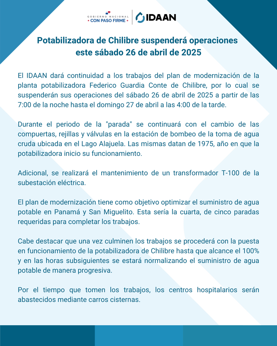 IDAANinforma's tweet image. 📢La potabilizadora de Chilibre suspenderá operaciones este sábado 26 de abril desde las 7:00 de la noche hasta el domingo 27 de abril a las 4:00 de la tarde, periodo en que continuarán los trabajos de modernización.
Más detalles aquí 👇
shorturl.at/9ty7q
#SomosIDAAN