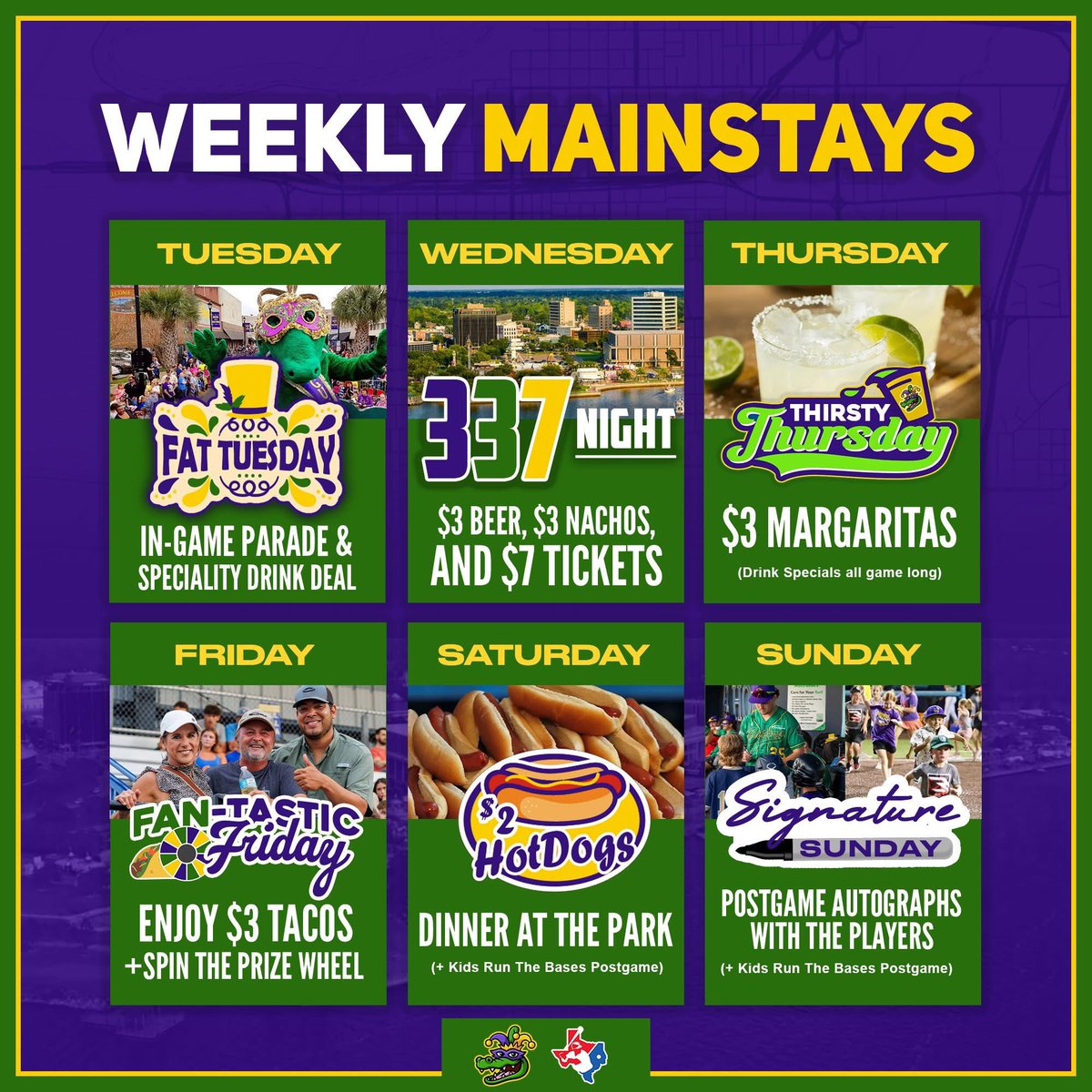 gumbeauxgators's tweet image. Which Weekly Mainstay are you most looking forward to in the 2025 season, Gator Nation? 🐊🎉

🎭 Fat Tuesday Parade
🍻 337 Night Deals
🍹 Thirsty Thursday
🌮 Fan-tastic Friday
🌭 $2 Hot Dog Saturdays
✍️ Signature Sunday

Let us know your favorite! 💚💛 

#GeauxGators
