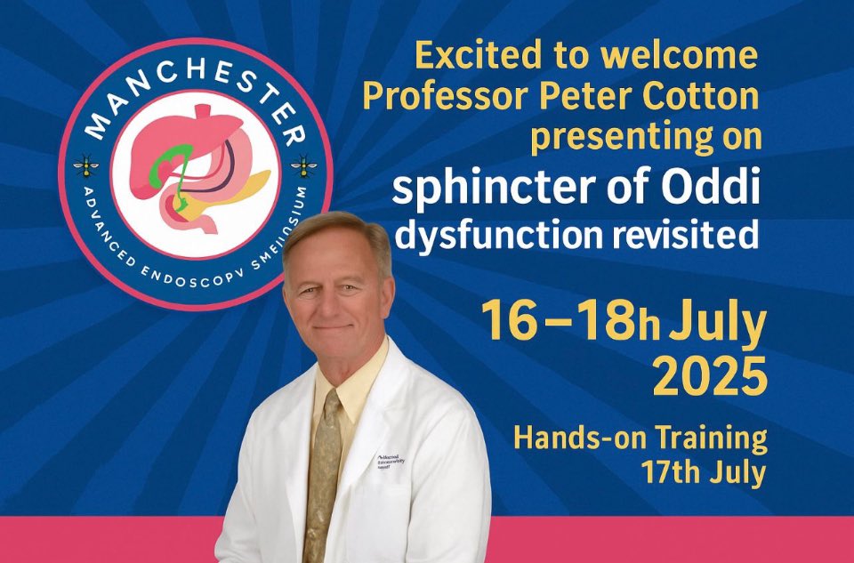 As we approach final stages of preparations for Manchester advanced endoscopy symposium EUS/ERCP 2025, pleased to share that professor Peter Cotton (father of ERCP) will share his wisdom on sphincter of oddi disorders!!!  &amp; you don’t want to miss it!!! <a href="/WythEndo/">WythenshaweEndoscopyMFT</a> <a href="/MFTnhs/">MFT NHS</a>