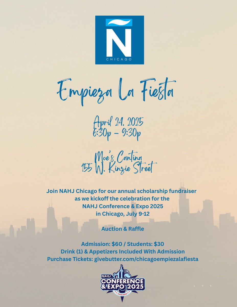 Empieza La Fiesta at NAHJ Chicago Annual Spring Fundraiser!!! 

Join our local chapter at our annual fundraiser to support scholarships for student Latino journalists and begin the celebration for the NAHJ national convention in Chicago.

givebutter.com/chicagoempieza…