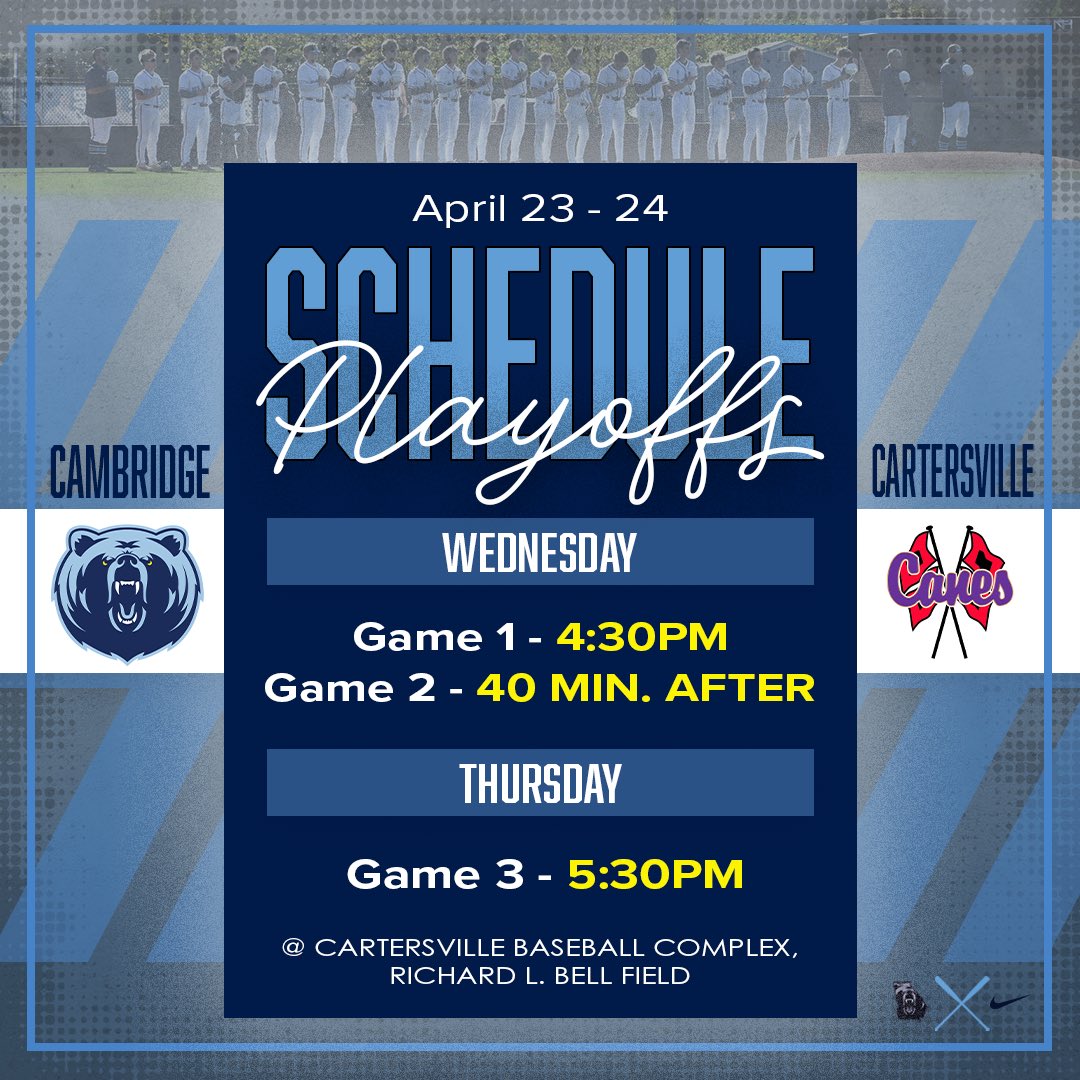 ‼️Playoff Baseball‼️

Bears will hit the road to Cartersville for the first round of the <a href="/OfficialGHSA/">GHSA</a> State Playoffs. #gobears