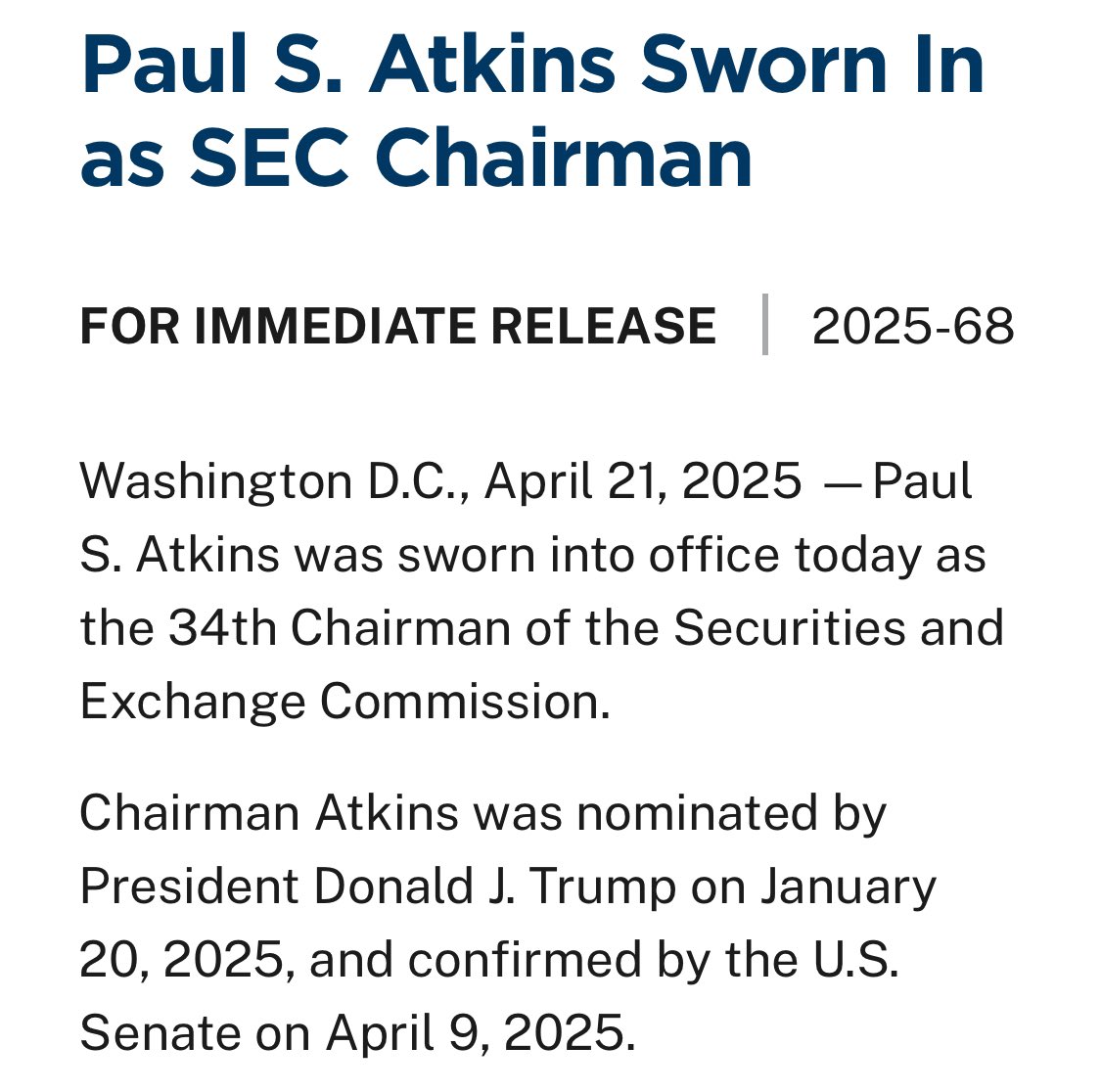 NEW: SEC ANNOUNCES “PAUL S. ATKINS WAS SWORN INTO OFFICE TODAY AS THE 34TH  CHAIRMAN OF THE SECURITIES AND EXCHANGE COMMISSION”