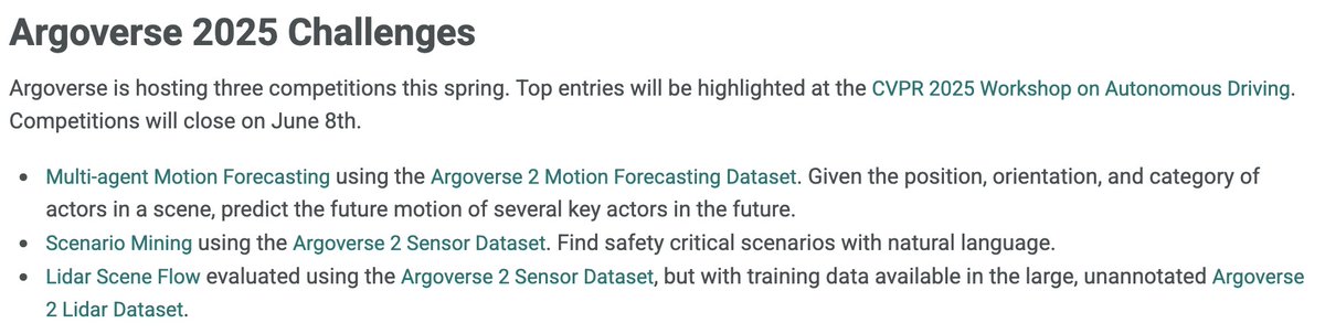 Just over a month left to submit to this year's Argoverse 2 challenges! Returning from previous years, are our motion forecasting and lidar scene flow challenges. And NEW for this year with a $10k prize pool is our Scenario Mining challenge! 🧵👇