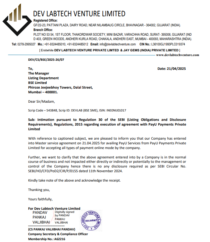 aoiventures's tweet image. 📢 Dev Labtech Venture signs up with PayU for online payments
👉🏻 Dev Labtech Venture Ltd has entered into a Master Service Agreement with PayU Payments Pvt Ltd
👉🏻 Purpose: To facilitate all types of online payment modes
👉🏻 Agreement signed on 21-Apr-2025
#DevLabtech #PayU…