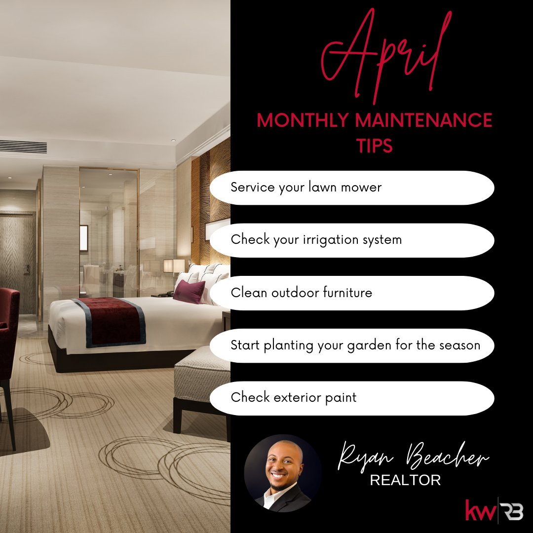 ryanandrealty's tweet image. April's in swing! 🌸 Time to:
✅ Tune up the mower
💧 Check irrigation
🪑 Clean patio furniture
🌱 Plant the garden
🎨 Inspect exterior paint

Smart upkeep = boosted home value.
Which one’s on your list? 👇
#RealEstateTips #HomeMaintenance #SpringChecklist
