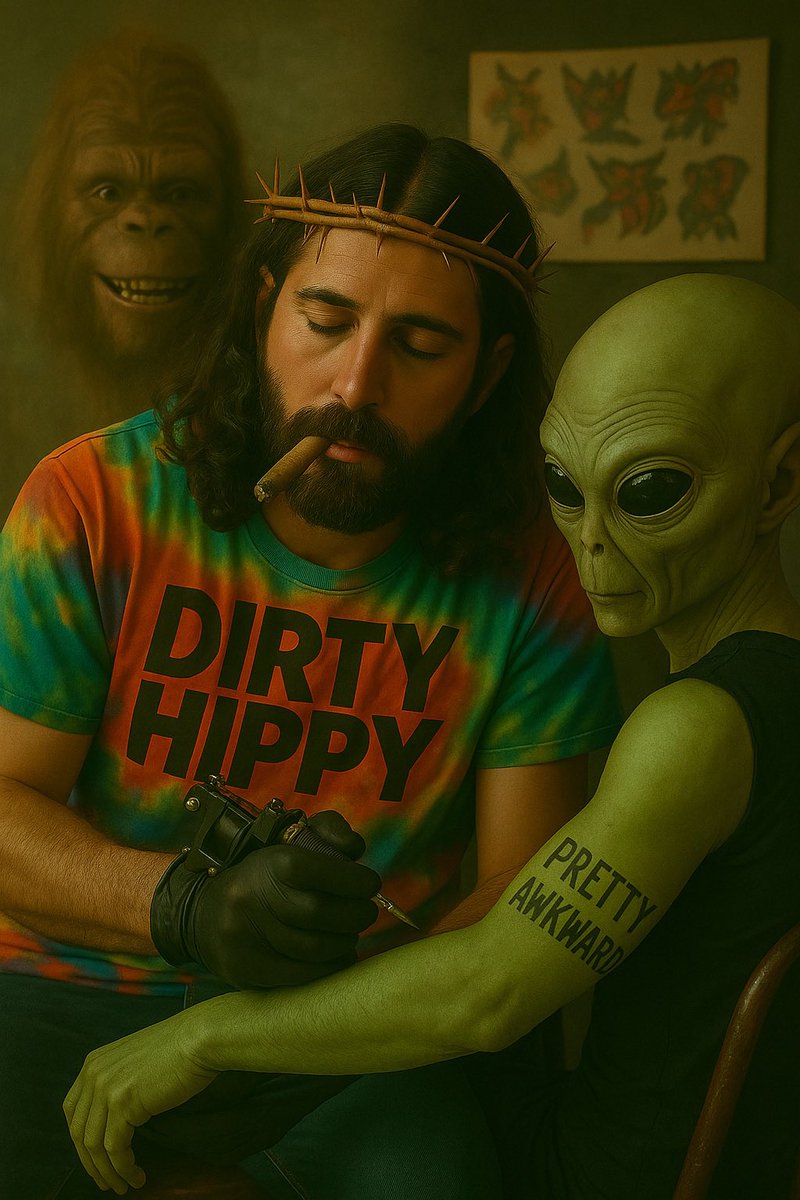 High. Drunk. Tattooed. Band promo complete.

Jesus may have had a few too many beers…
And some questionable weed gummies.
But the Alien wanted to show support.
Now they are permanently Pretty Awkward.
👽✒️🍺✝️🤪

DIRTY HIPPY – OUT NOW  available on all streaming platforms!!!