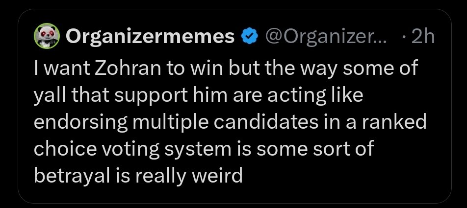 Do I want Zohran to win? Yes
Is Zohran winning now? No
Do I want to challenge the status quo of the race? No
Do I expect electeds to put this ahead of personal agendas? No
Do I want strategy in the hands of regular DSA members? No
Do I want Zohran to win?