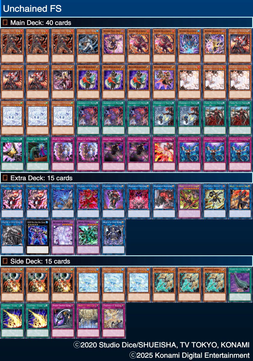 Unchained fiendsmith build I've been playing over the last few weeks. Not sure how it holds up post ALIN.
Have been completely undefeated over the 3 locals I've played it at (12-0).
Think its very underexplored and can break full boards with good gameplay.