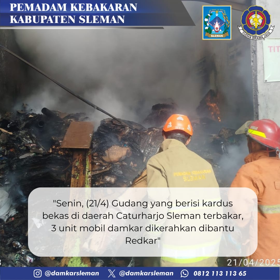 damkarsleman's tweet photo. Selasa 22 April 2025, Pukul 14:30 WIB Pemadaman Kebakaran di Nambongan, Caturharjo, Sleman, Kab. Sleman. dengan obyek terbakar Gudang, Damkar sleman mengerahkan 2 unit armada dan dibantu 1 unit Redkar, api dapat dipadamkan setelah 1 jam pemadaman. https://t.co/APi9fVEZMP