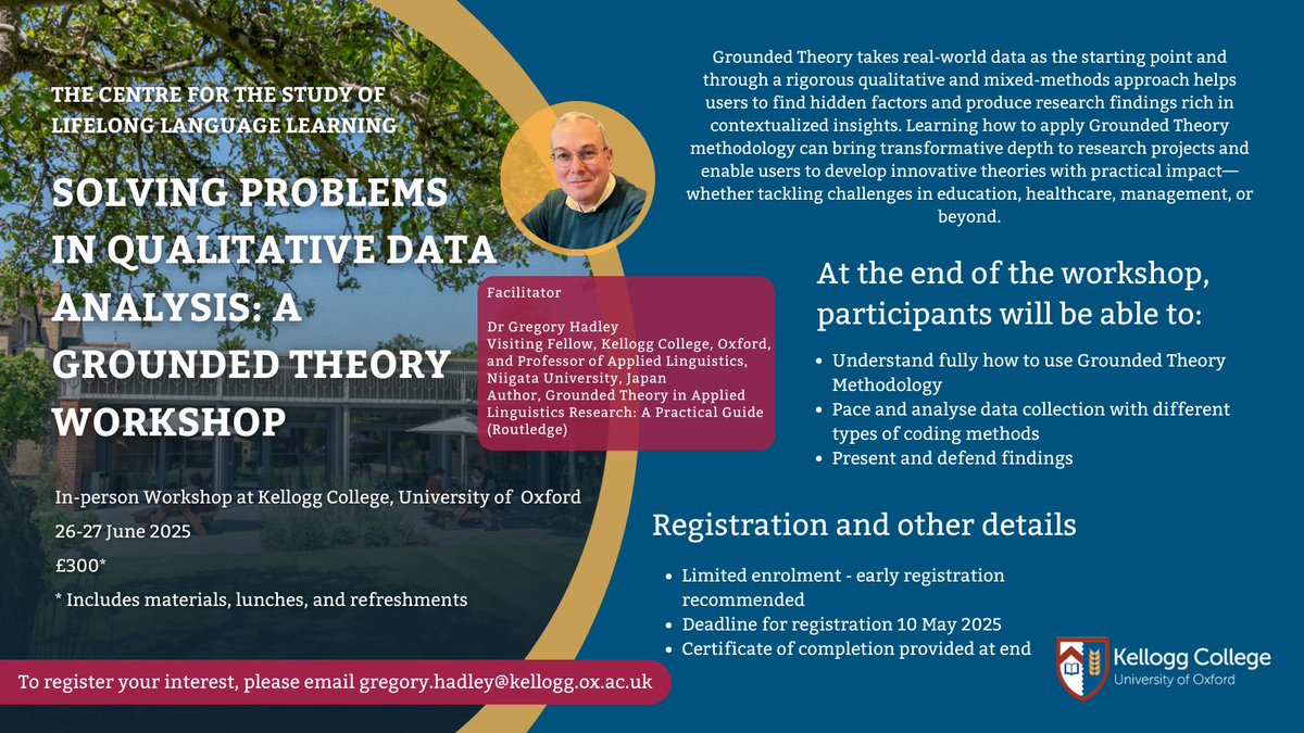 Gregory Hadley (@thehadman) on Twitter photo Build theory, not just themes! 📊🧠
2‑day #GroundedTheory workshop at Oxford’s Kellogg College, 26‑27 Jun 2025. Hands‑on coding, pacing & defending findings. Seats limited—📩 gregory.hadley@kellogg.ox.ac.uk by 10 May.
#QualResearch #PhDChat #AcademicTwitter #ResearchMethods Build theory, not just themes! 📊🧠
2‑day #GroundedTheory workshop at Oxford’s Kellogg College, 26‑27 Jun 2025. Hands‑on coding, pacing & defending findings. Seats limited—📩 gregory.hadley@kellogg.ox.ac.uk by 10 May.
#QualResearch #PhDChat #AcademicTwitter #ResearchMethods