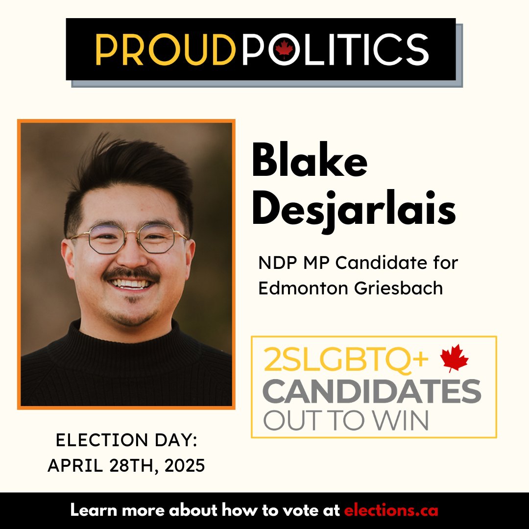 With one week left until election day, ProudPolitics is happy to kick off our candidate spotlight with Blake Desjarlais, running for re-election as MP of Edmonton Griesbach! Read more about Blake and how to support him at blakedesjarlais2025.ndp.ca