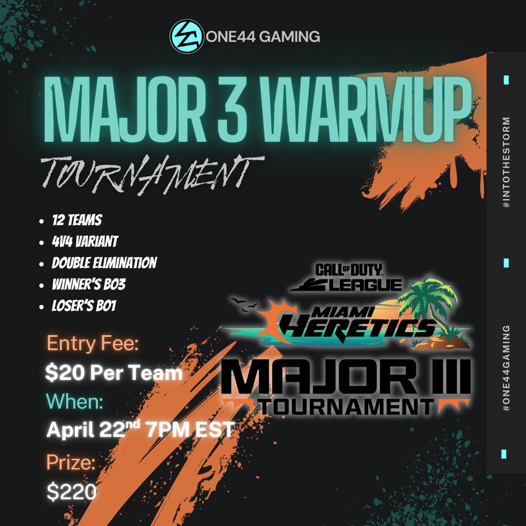 Calling Miami challengers teams! We are hosting a Major 3 warm up tournament!

🛡️12 Teams 4v4 Variant
🗓️April 22 @ 7PM EST
🎟️$20 Entry Fee
🏆$220 Prize
⚠️Double Elimination: Winner's BO3 / Loser's BO1

link below for sign ups!