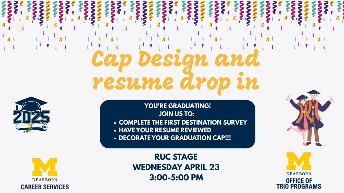 UMDearborn_CS's tweet photo. Join us this Wednesday at 3:00pm at the RUC Stage to Design your graduation cap while getting your resume reviewed!

We can't wait to see you there. https://t.co/DHFfRoqcKK