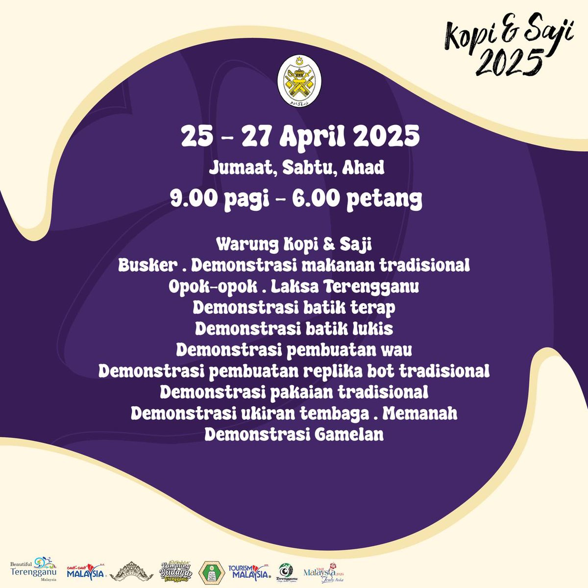 ☕️🍜 Kopi &amp; Saji 2025!

25 – 27 April 2025 (Khamis - Ahad)
9.00 pagi - 6.00 petang
📍 Kampung Budaya Terengganu.

Jom rama-rama kite pakat gi ke Kampung Budaya Terengganu, kite rase kopi kampung wangi molek, makan laksa Tranung hok padu, sambil layan persembahan seni budaya kite.