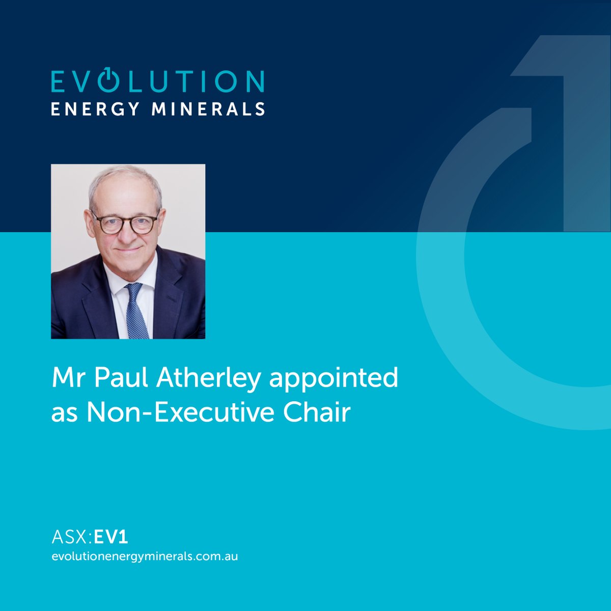 #ASXNews

$EV1 is pleased to announce that Mr Paul Atherley has been appointed as the Non-Executive Chair of the Company. 

The Board welcomes Mr Atherley to his new role and looks forward to his leadership of the Company.

See announcement: loom.ly/pC2kRms

#ASX #EV1