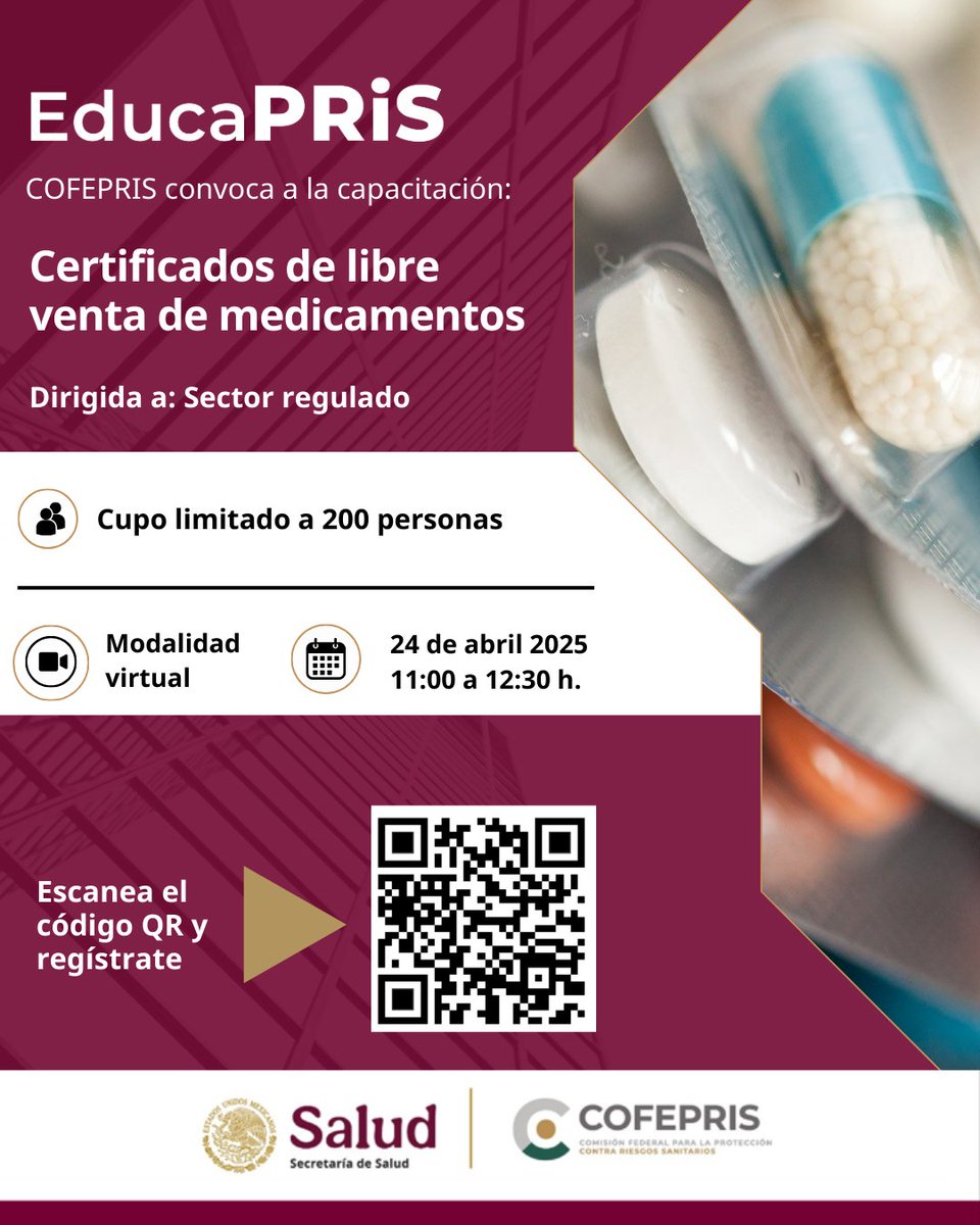 COFEPRIS's tweet photo. #COFEPRISInforma que #EducaPRiS vuelve.

Esta autoridad sanitaria dará capacitaciones a través de #EducaPRiS, las cuales serán gratuitas y de manera virtual. Para participar, los interesados deberán registrarse a través del código QR incluido en la imagen.

Previo al inicio de cada sesión se pasará lista y se aplicará un cuestionario para  conocer el nivel de conocimiento de los participantes sobre el tema que se presentará. Al concluir la sesión, se proporcionará un enlace para realizar una evaluación final.

#COFEPRIS emitirá constancias a aquellos participantes que tengan una calificación igual o superior a 8, que hayan completado correctamente el registro, el pase de asistencia, así como ambas evaluaciones (inicial y final).

Acompáñanos este jueves 24 de abril, a la primera sesión,  de 11:00 a 12:30 h. Se convoca a todos los interesados a conectarse 20 minutos antes para el pase de lista.