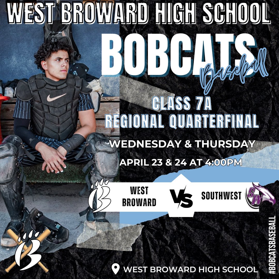 Bobcats are ready for regional playoffs. 
Come cheer on your Bobcats as they take on Southwest Wednesday and Thursday at 4pm.
📍West Broward High School
<a href="/Mr_P_WB/">Mr. P</a> <a href="/WestBrowardHigh/">West Broward High</a> <a href="/DavidRosenbergg/">David Rosenberg</a> <a href="/JoeFrisaro/">Joe Frisaro</a> #bobcatsbaseball #spring2025 #playoffs