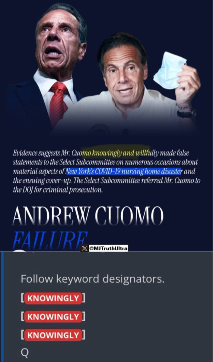 A MAFIA ESTÁ CAINDO
Andrew Cuomo está sendo encaminhado para acusações criminais ao Departamento de Justiça...
Dias atrás, a Casa Branca basicamente admitiu que a COVID-19 era uma arma biológica e destacou que Cuomo matou "conscientemente" avós em asilos.

Sem coincidências.