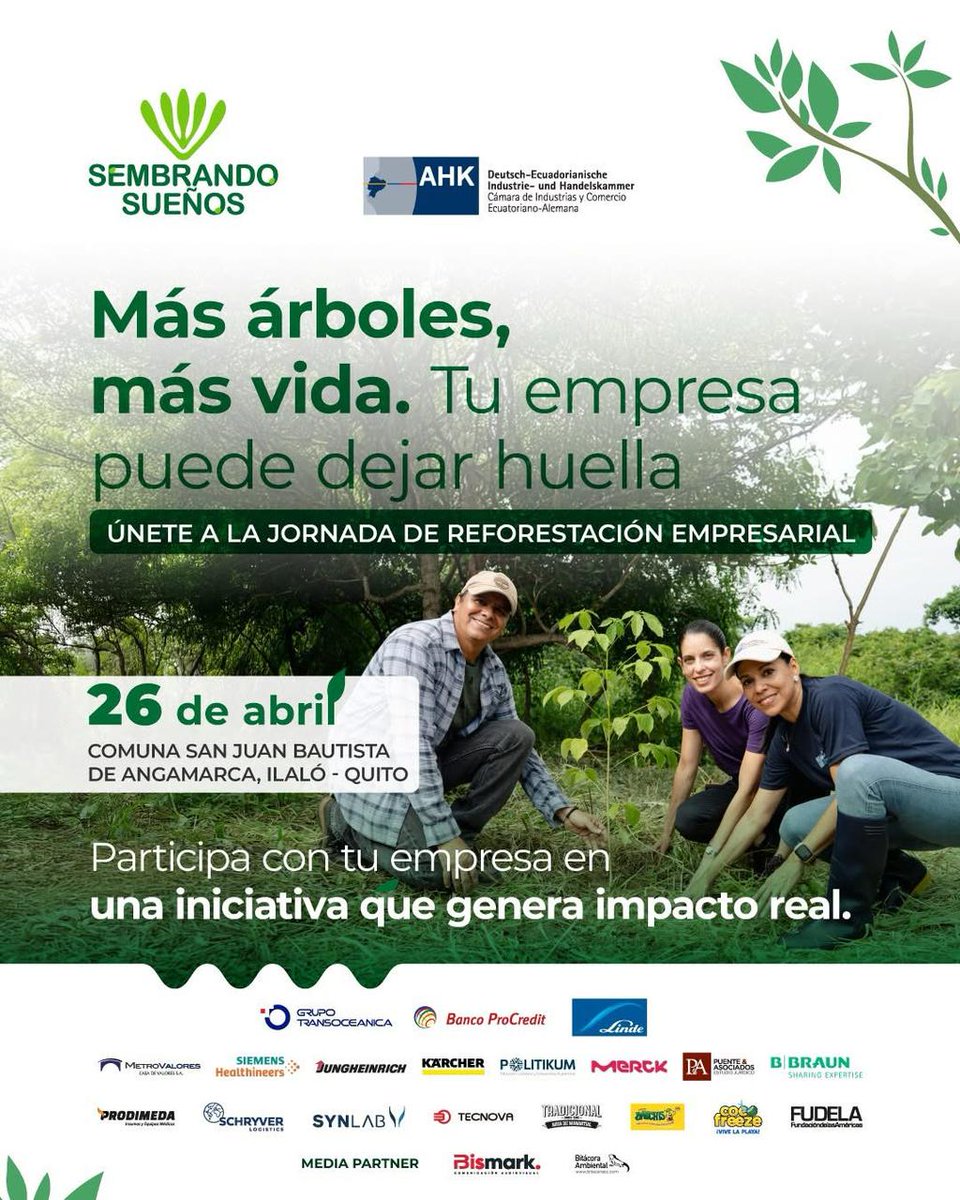 BitacoraEc's tweet photo. #Reforestacion #Ilalo #Alemania #Ecuador
El Ilaló se reforesta con el aporte de Alemania
La Cámara Ecuatoriano-Alemana @ahkecuador organiza para este sábado 26 de abril una jornada de reforestación con la meta de plantar más de 500 árboles nativos en el Ilaló.
Esta jornada es parte de su programa "Sembrando Sueños" que contará con con la participación de más 200 personas y dirigentes empresariales. Uno de los objetivos de Sembrando Sueños es restaurar áreas afectadas y fomentar la conciencia ambiental en el sector corporativo.
Los árboles se plantarán en la Comuna San Juan Bautista de Angamarca, Ilaló. Este programa se desarrolla con el apoyo de @Ambiente_Ec y la @ambientequito