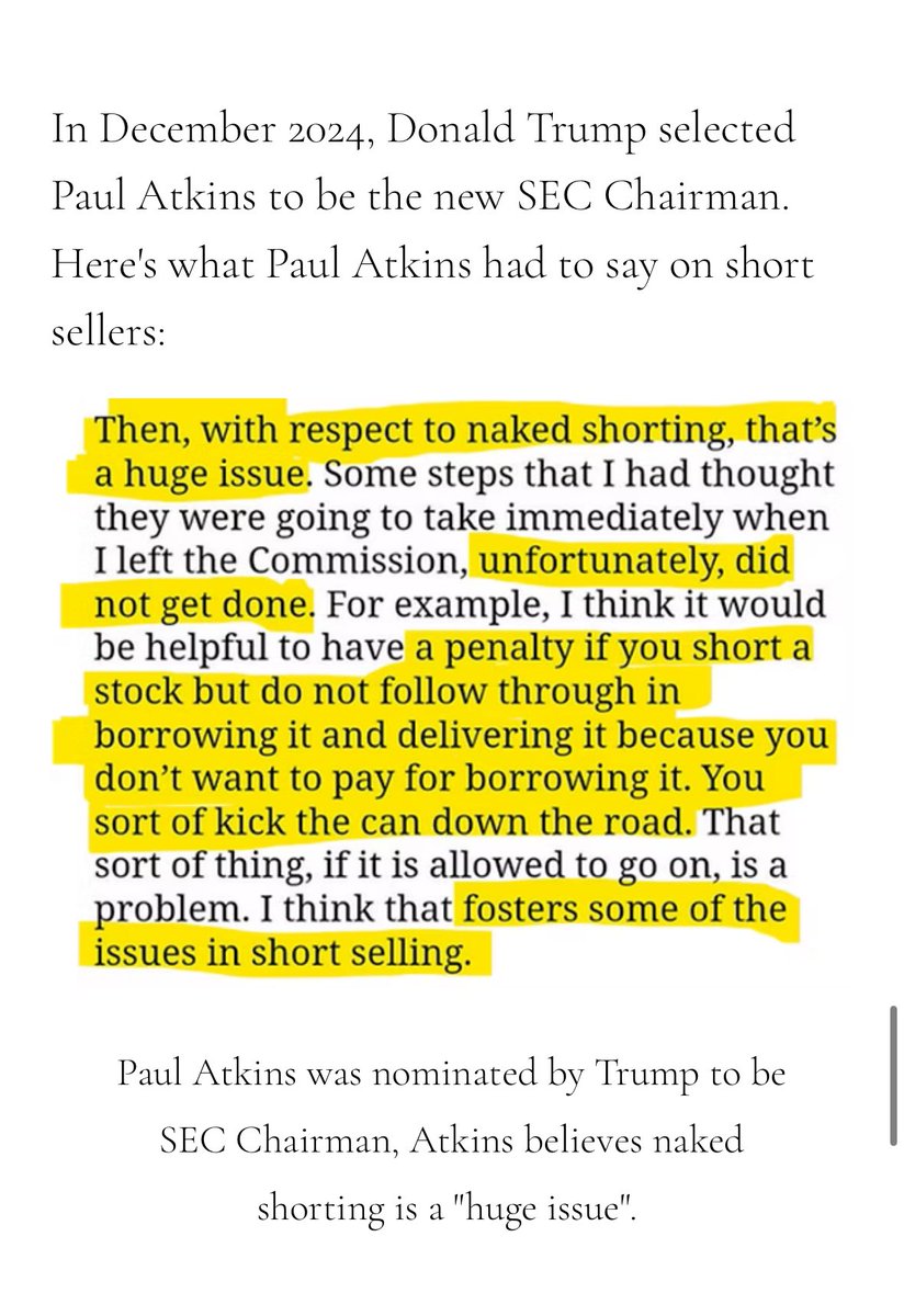GregIsKitty's tweet image. BREAKING NEWS: Paul Atkins has been officially sworn in as SEC chairman. 

Here’s his stance on naked shorting
 $DJT $GME $TSLA @DOGE_SEC