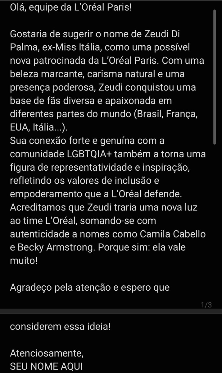 Ragazze, vou deixar aqui dois modelos de textinho para mandar no link da L’Oréal Paris #zeudiners