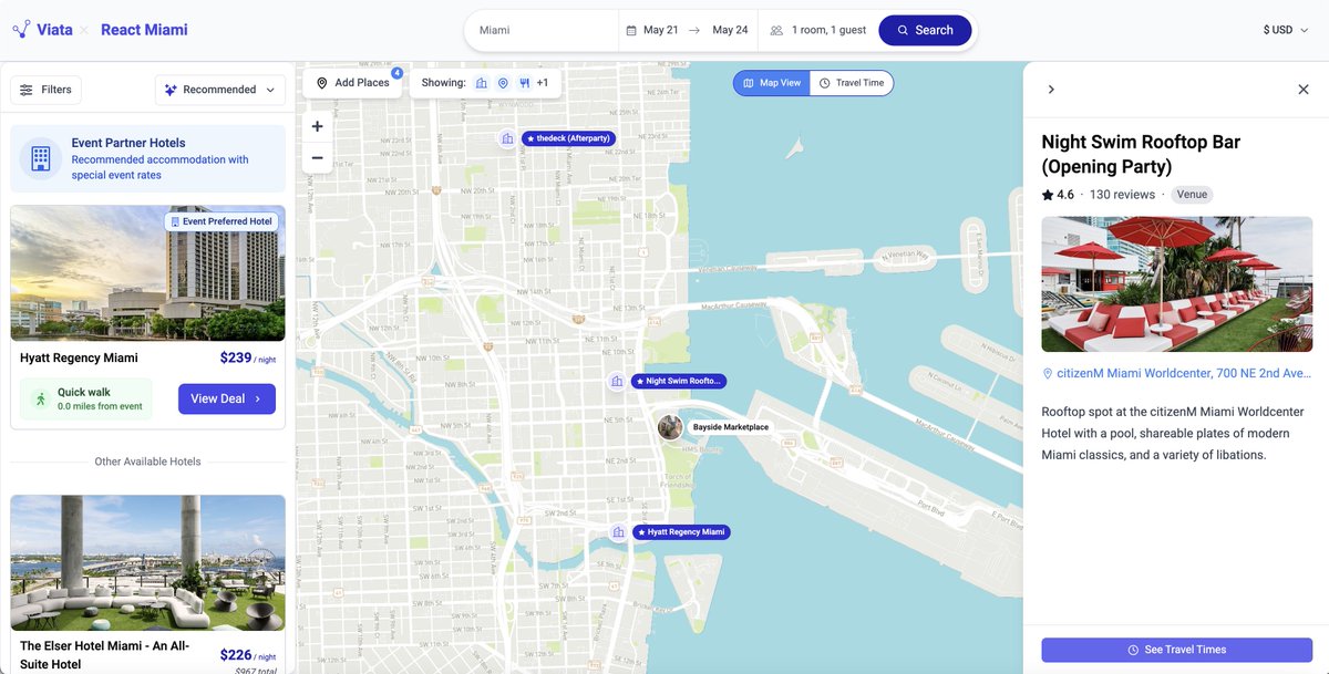 viata_ai's tweet image. Viata's first partnered event, #ReactMiami2025 by @g2i_co, organized by @MichelleBakels wrapped up with a bang! The perfect use case for a travel map, with an opening party, afterparty, and main venue, all at gorgeous locations. Looking forward to another sold out year in 2026.