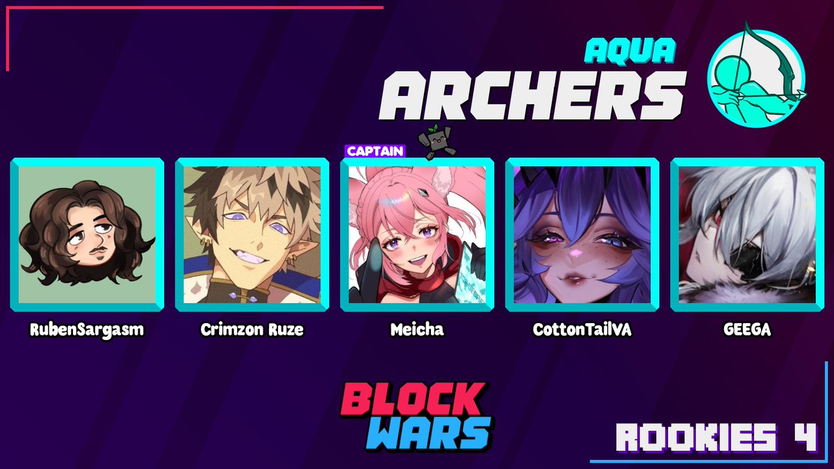 Block Wars (@blockwarsevent) on Twitter photo 📢Aqua Team Announcement📢
<a href="/RubenSargasm/">RubenSargasm</a> <a href="/crimzonruze/">Crimzon Ruze💢HOLOSTARS EN</a> <a href="/MeichaFox/">Mei 💝🦊</a> <a href="/CottontailVA/">CottontailVA 🐰💋</a> <a href="/GeneralGEEGA/">GEEGA ギガ 🔝 VSHOJO</a> will be representing the Archers for Block Wars Rookies 4! 🥳
Watch them live on April 26th at 2pm ET! 📢Aqua Team Announcement📢
<a href="/RubenSargasm/">RubenSargasm</a> <a href="/crimzonruze/">Crimzon Ruze💢HOLOSTARS EN</a> <a href="/MeichaFox/">Mei 💝🦊</a> <a href="/CottontailVA/">CottontailVA 🐰💋</a> <a href="/GeneralGEEGA/">GEEGA ギガ 🔝 VSHOJO</a> will be representing the Archers for Block Wars Rookies 4! 🥳
Watch them live on April 26th at 2pm ET!