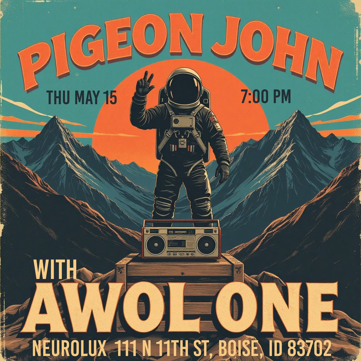 dothepigeon's tweet photo. First date on my 2025 Tour with @AWOLONE will be in Boise, ID at @neurolux !! Tickets available now. Link in bio. #pigeonjohn #awolone #ontour #boise #idaho #neurolux #firstdate #may15 https://t.co/bvoY53TA4K