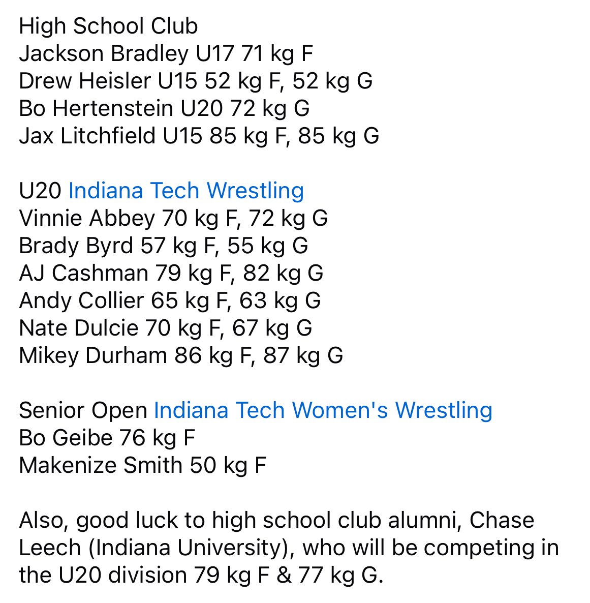 Warrior RTC (@warriorrtc) on Twitter photo It is US Open week! Warrior RTC will be well represented….
6 men <a href="/INtechWrestling/">Indiana Tech Wrestling</a>
2 women <a href="/ITechWWrestling/">Indiana Tech Women’s Wrestling</a>
4 High School Club boys
P.S Coach Wheeler is not coming out of retirement, we just thought it was a cool picture. It is US Open week! Warrior RTC will be well represented….
6 men <a href="/INtechWrestling/">Indiana Tech Wrestling</a>
2 women <a href="/ITechWWrestling/">Indiana Tech Women’s Wrestling</a>
4 High School Club boys
P.S Coach Wheeler is not coming out of retirement, we just thought it was a cool picture.