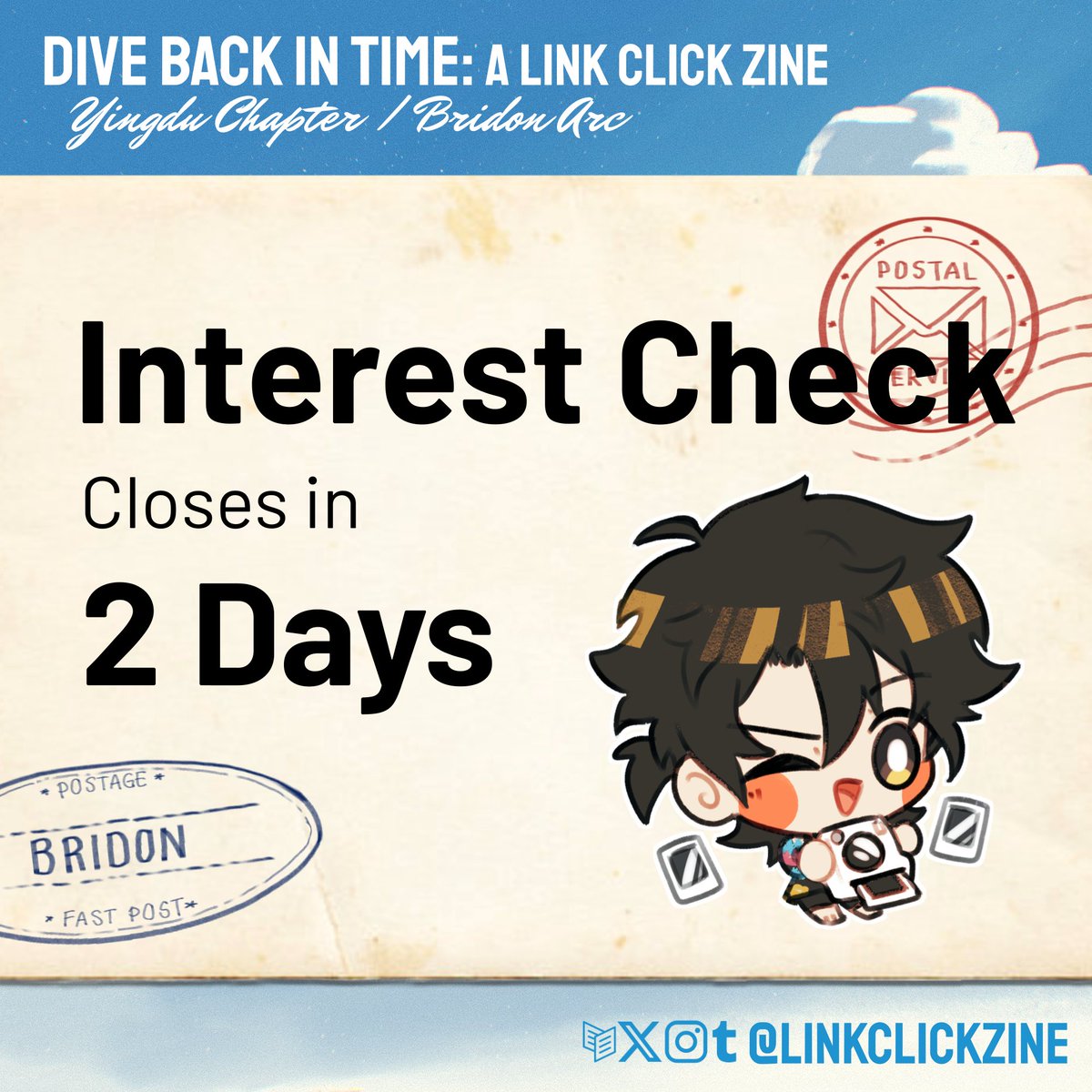linkclickzine's tweet image. 🎞️ INTEREST CHECK 2 DAYS LEFT 🎞️
Just 2 days left to fill out the Interest Check for a Yingdu Chapter / Bridon Arc Link Click Zine!
📝 forms.gle/6nddT1SuntTPyr…